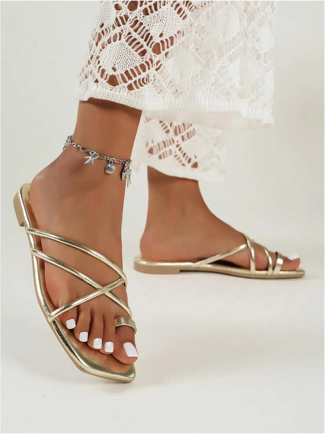 GORGLITTER Women's Sandals Dressy Metallic Strappy Flat Sandals Cute Slip On Sandals Summer