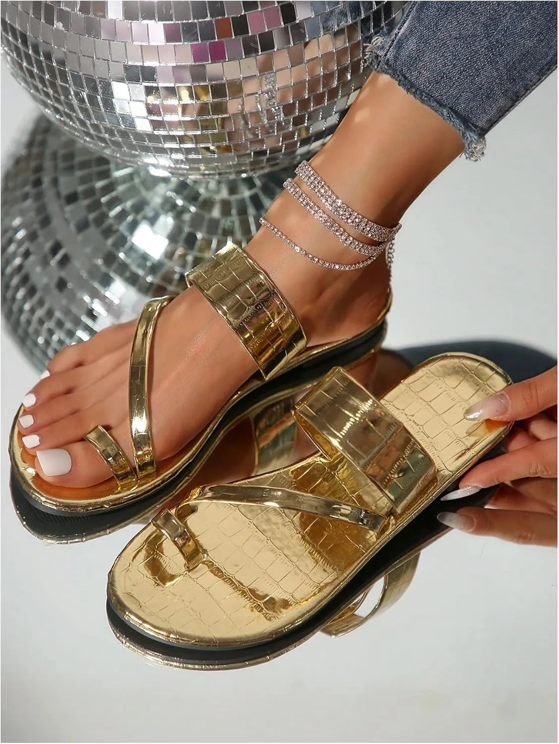 GORGLITTER Women's Strappy Thong Flat Sandals Toe Ring Metallic Slip On Slide Sandal
