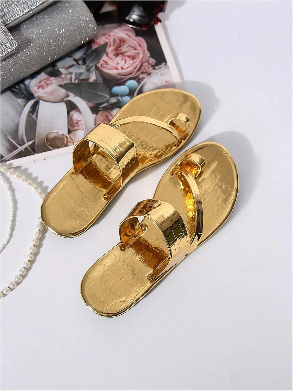 GORGLITTER Women's Strappy Thong Flat Sandals Toe Ring Metallic Slip On Slide Sandal