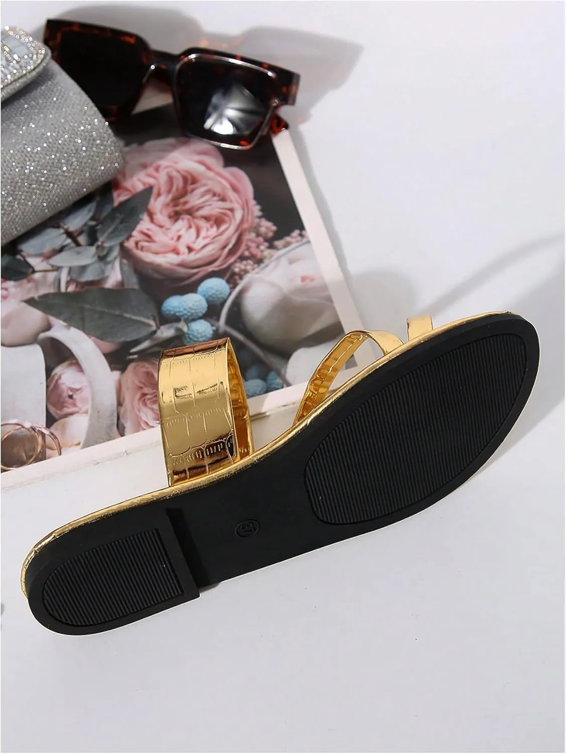 GORGLITTER Women's Strappy Thong Flat Sandals Toe Ring Metallic Slip On Slide Sandal