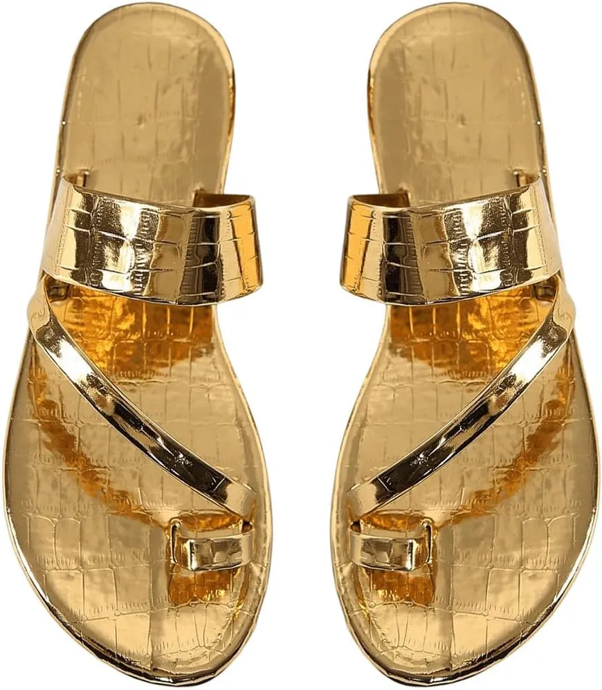 GORGLITTER Women's Strappy Thong Flat Sandals Toe Ring Metallic Slip On Slide Sandal