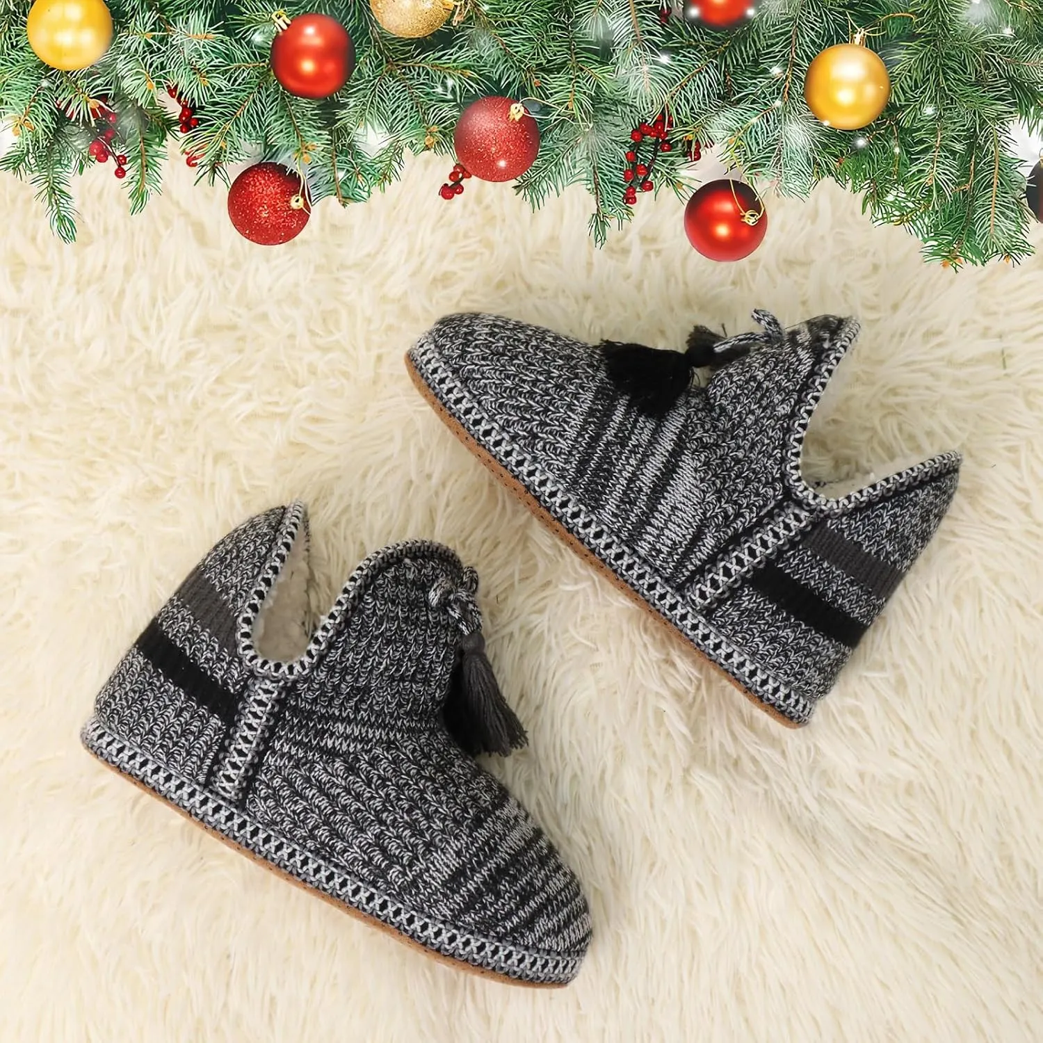 GPOS Women's Cashmere Knit House Slipper Booties Cotton Quilted Warm Indoor Ankle Boots