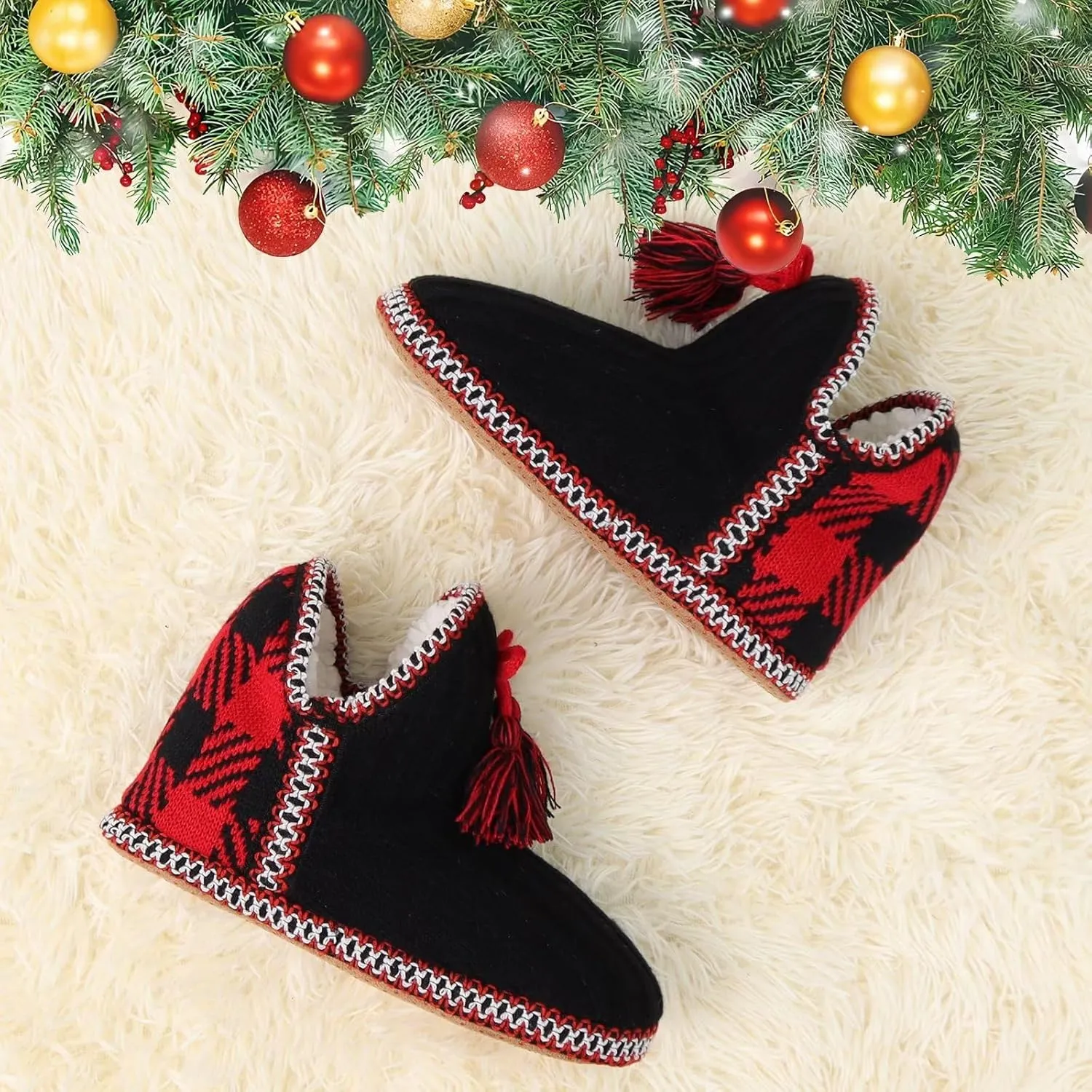 GPOS Women's Cashmere Knit House Slipper Booties Cotton Quilted Warm Indoor Ankle Boots