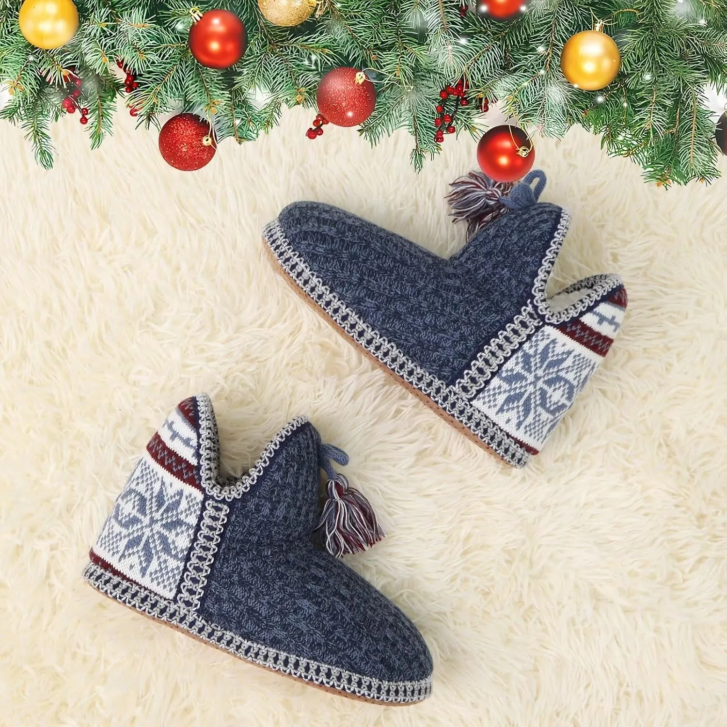 GPOS Women's Cashmere Knit House Slipper Booties Cotton Quilted Warm Indoor Ankle Boots