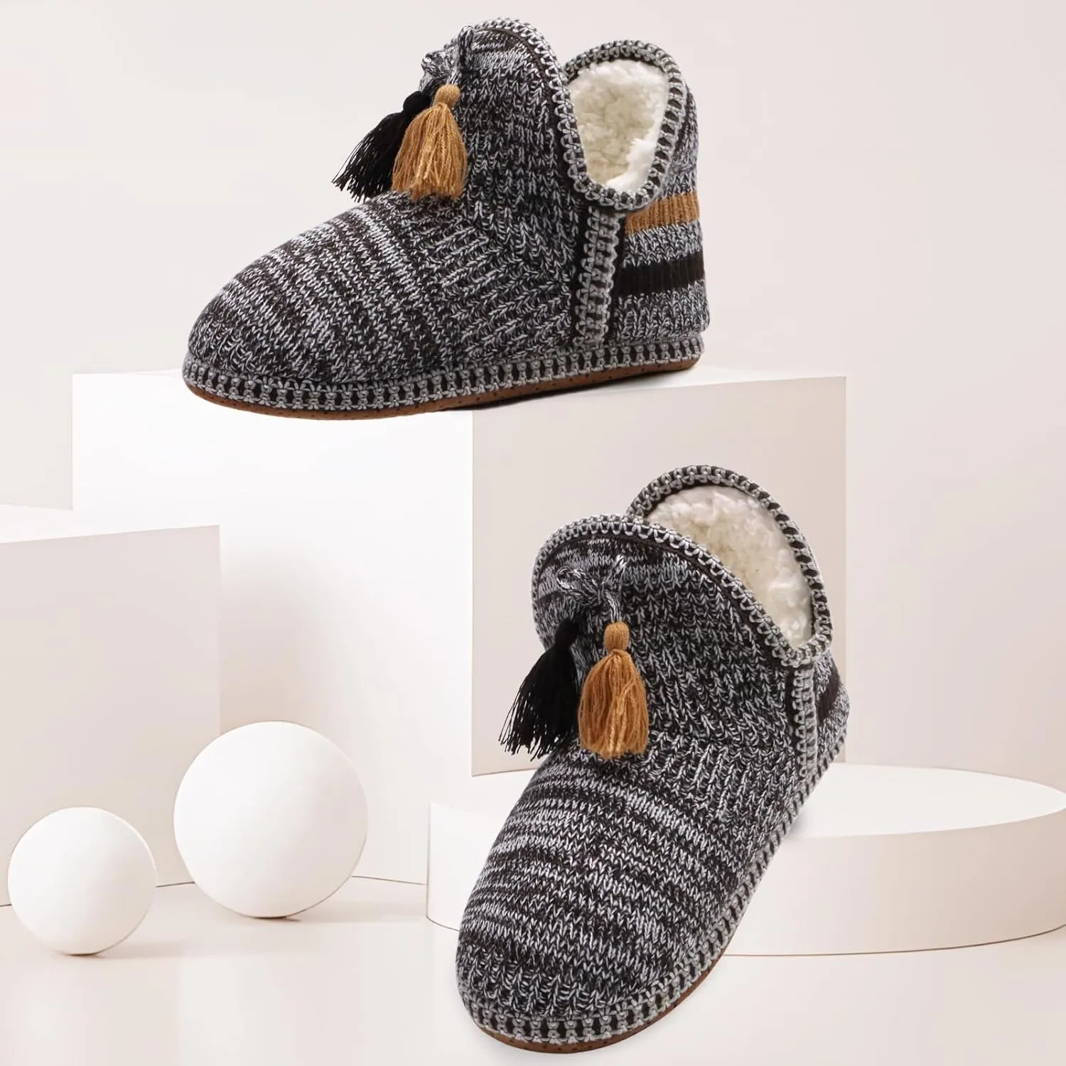 GPOS Women's Cashmere Knit House Slipper Booties Cotton Quilted Warm Indoor Ankle Boots