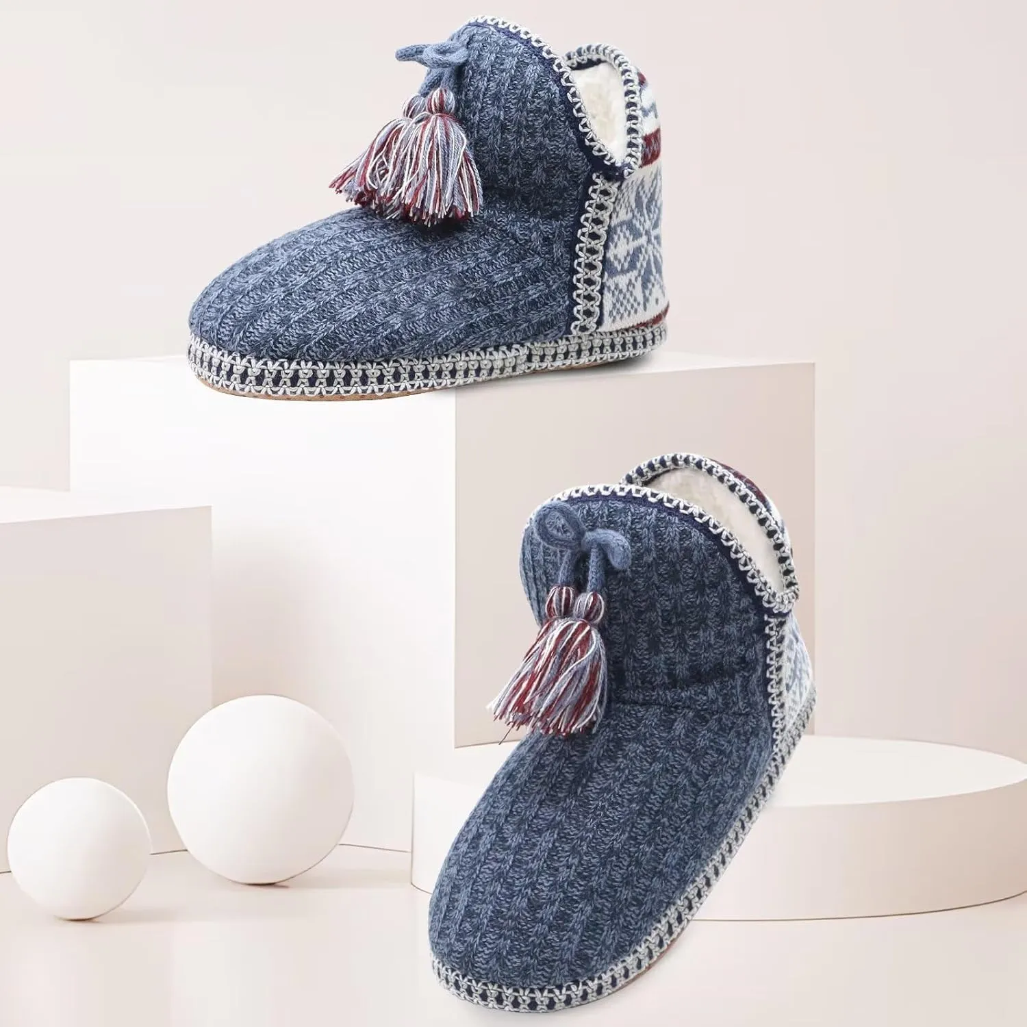 GPOS Women's Cashmere Knit House Slipper Booties Cotton Quilted Warm Indoor Ankle Boots