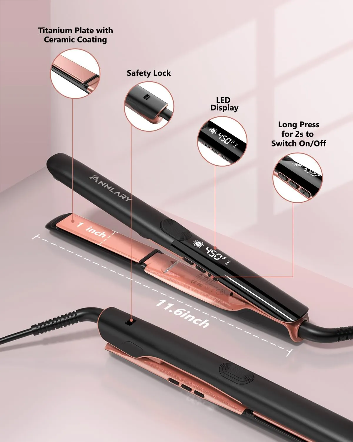 Hair Straightener, 1 Inch Flat Iron Straightener and Curler 2 in 1, Titanium Ceramic Ionic Dual Voltage Straightener with Anti-Iron Silicone for Less Frizz, Shinier & Smoother Hair