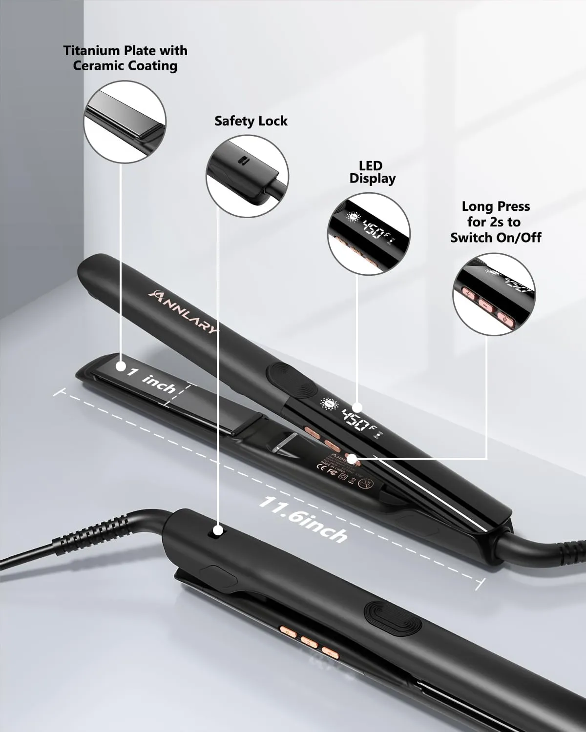 Hair Straightener, 1 Inch Professional Titanium Plate with Ceramic Coating Ionic Dual Voltage Flat Iron with Anti-Iron Silicone for Less Frizz, Shinier & Smoother Hair