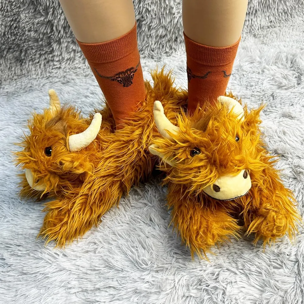 Highland Cow Cartoon Plush Slippers, Fluffy Scottish Cattle Slipper for Women and Men, Fuzzy Animals Cow House Shoes