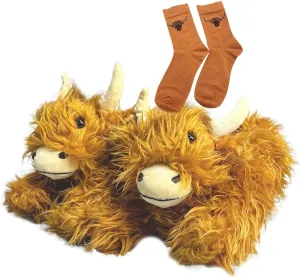 Highland Cow Cartoon Plush Slippers, Fluffy Scottish Cattle Slipper for Women and Men, Fuzzy Animals Cow House Shoes