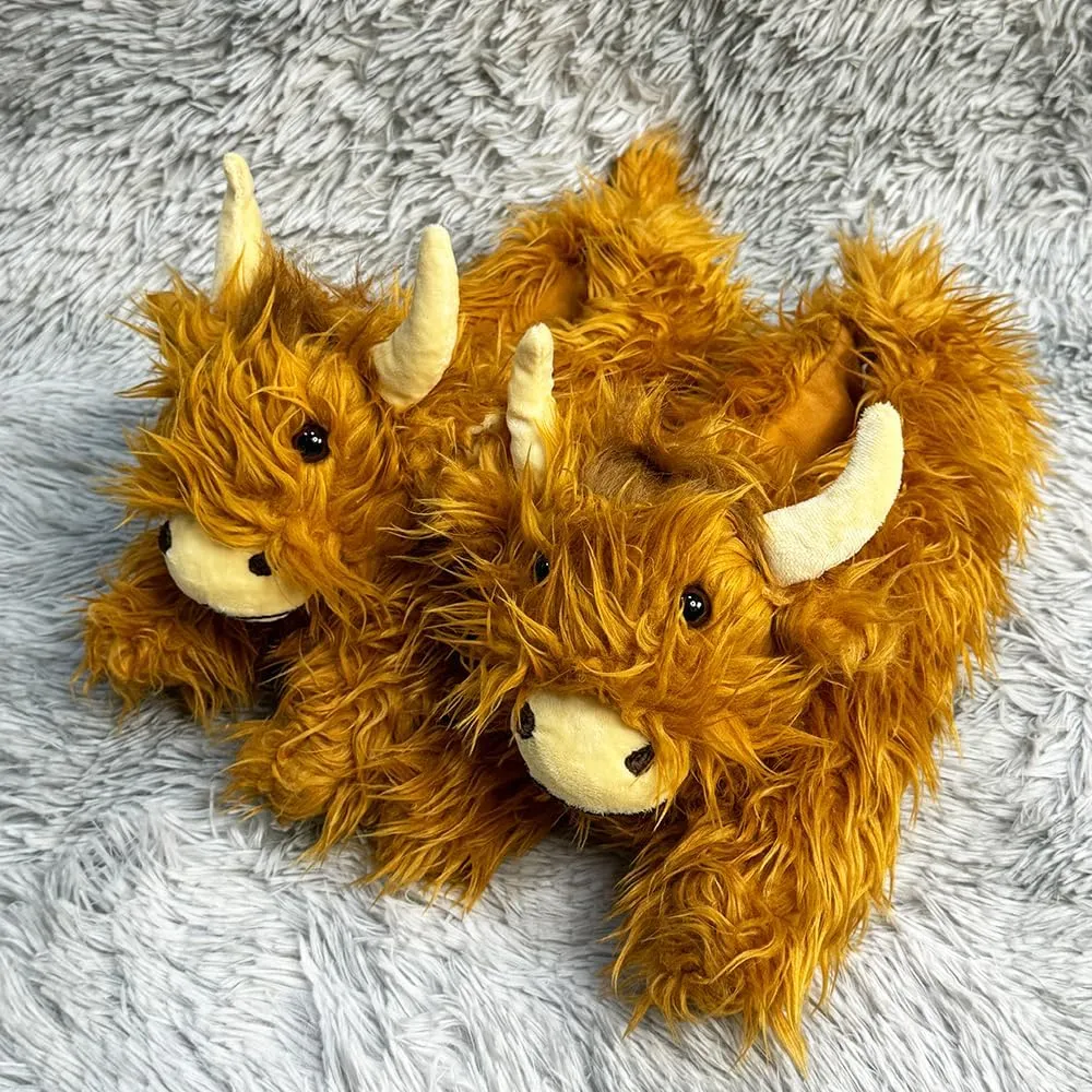 Highland Cow Cartoon Plush Slippers, Fluffy Scottish Cattle Slipper for Women and Men, Fuzzy Animals Cow House Shoes