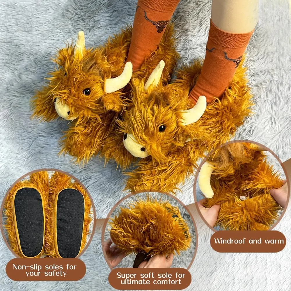Highland Cow Cartoon Plush Slippers, Fluffy Scottish Cattle Slipper for Women and Men, Fuzzy Animals Cow House Shoes