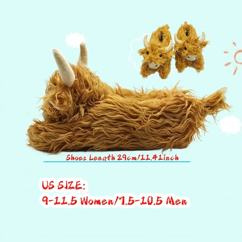 Highland Cow Cartoon Plush Slippers, Fluffy Scottish Cattle Slipper for Women and Men, Fuzzy Animals Cow House Shoes