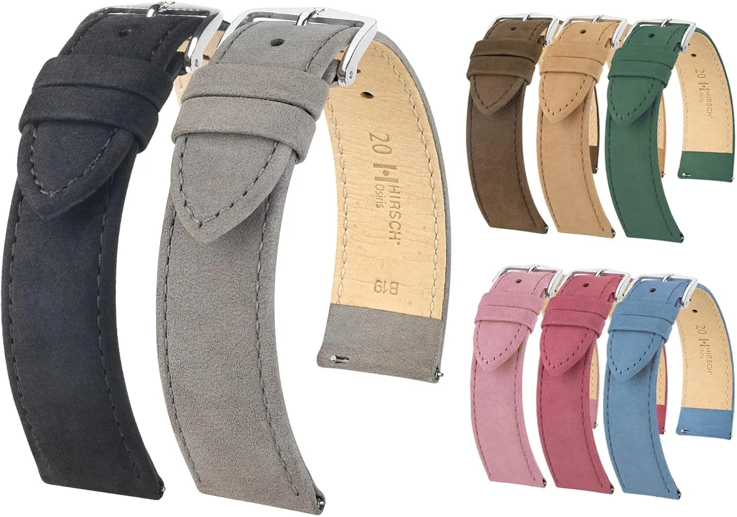 Hirsch Osiris Nubuck Leather Watch Strap - Smooth & Flat Design - 14mm, 16mm, 18mm, 20mm, 22mm - Blue, Green, Beige, Brown, Grey, Burgundy, Rose - Quick Release Watch Band