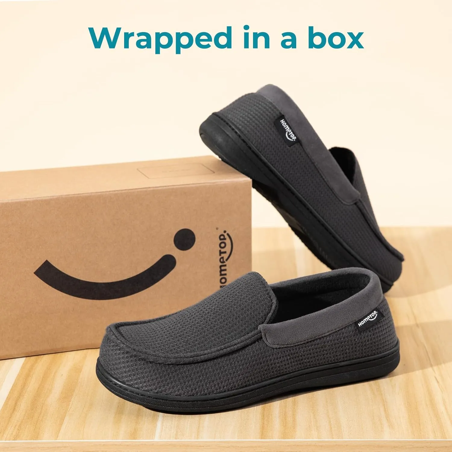 HomeTop Men's Comfort Memory Foam Moccasin Slippers, Breathable Cotton Knit Terry Cloth House Shoes for Indoor Outdoor