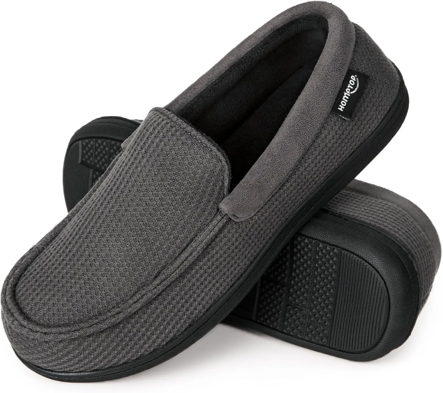 HomeTop Men's Comfort Memory Foam Moccasin Slippers, Breathable Cotton Knit Terry Cloth House Shoes for Indoor Outdoor