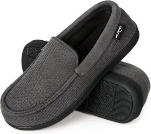 HomeTop Men's Comfort Memory Foam Moccasin Slippers, Breathable Cotton Knit Terry Cloth House Shoes for Indoor Outdoor