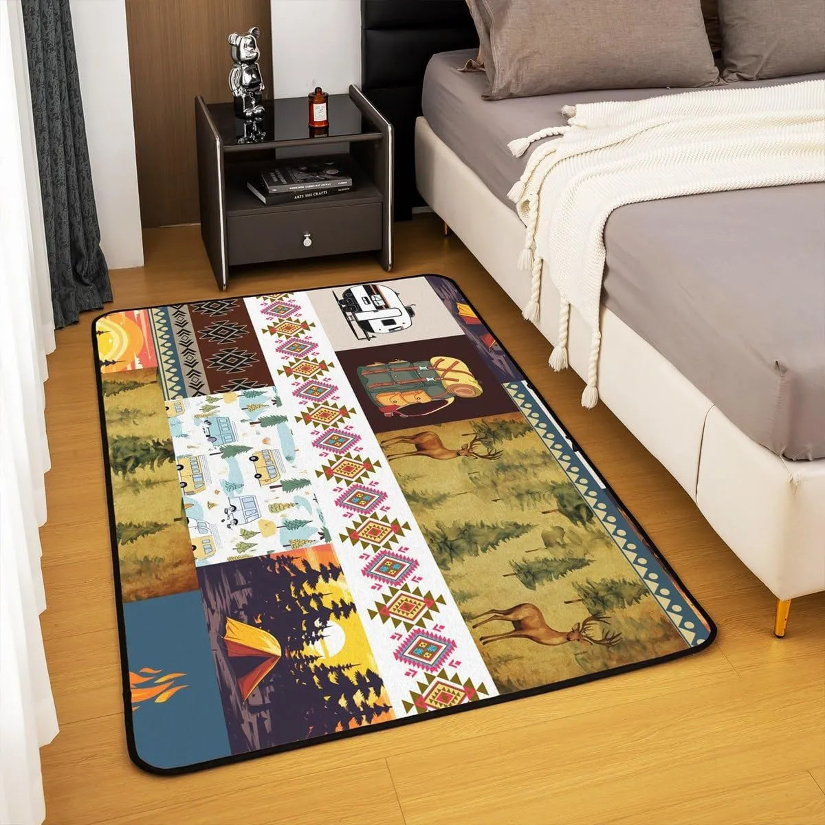 Homewish Camping Adventure Theme Area Rug 100cm X 150cm X 1cm Cartoon RV Trailer Tent Non Slip Rug for Kids Teens Adults Jungle Deer Pine Trees Retro Stripes Non Shedding Rug for Bedside Chairs Sofa