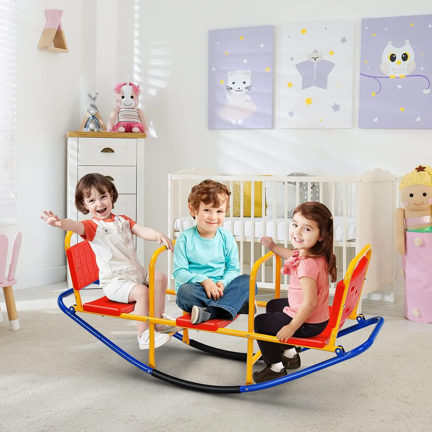 HONEY JOY Kids Seesaw Teeter Totter, 3-Person Heavy Duty Metal Playground Equipment for Backyard, Indoor Outdoor Rocking Fun for Toddlers Boys Girls Age 3-8, Teeter Totter for Kids Outdoor(Red)
