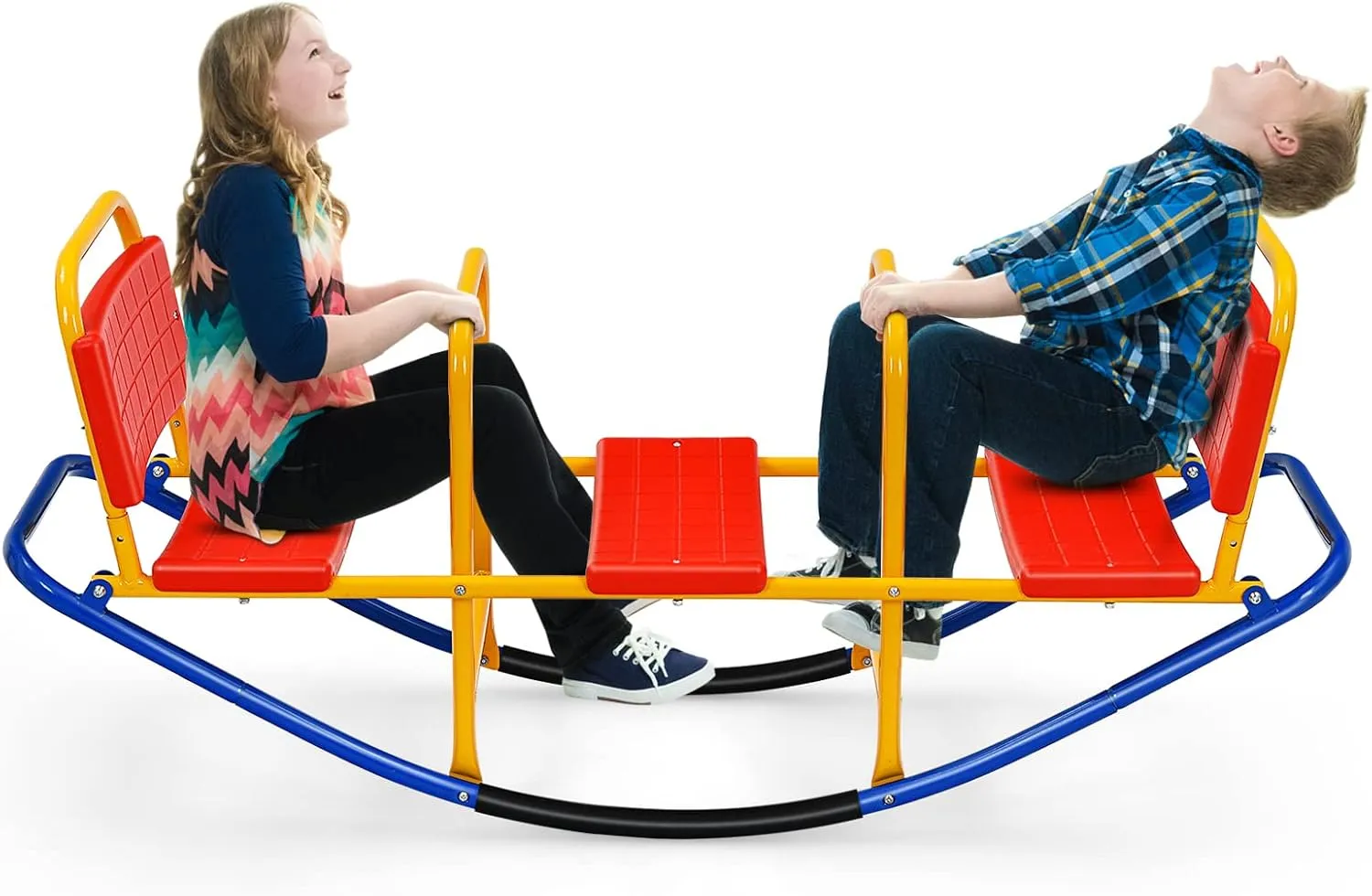 HONEY JOY Kids Seesaw Teeter Totter, 3-Person Heavy Duty Metal Playground Equipment for Backyard, Indoor Outdoor Rocking Fun for Toddlers Boys Girls Age 3-8, Teeter Totter for Kids Outdoor(Red)