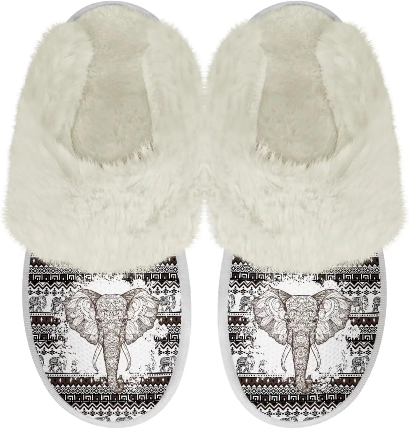 Howilath Western Aztec Fuzzy Slippers Women Warm House Shoes with Anti-Skid Sole Plush Slippers