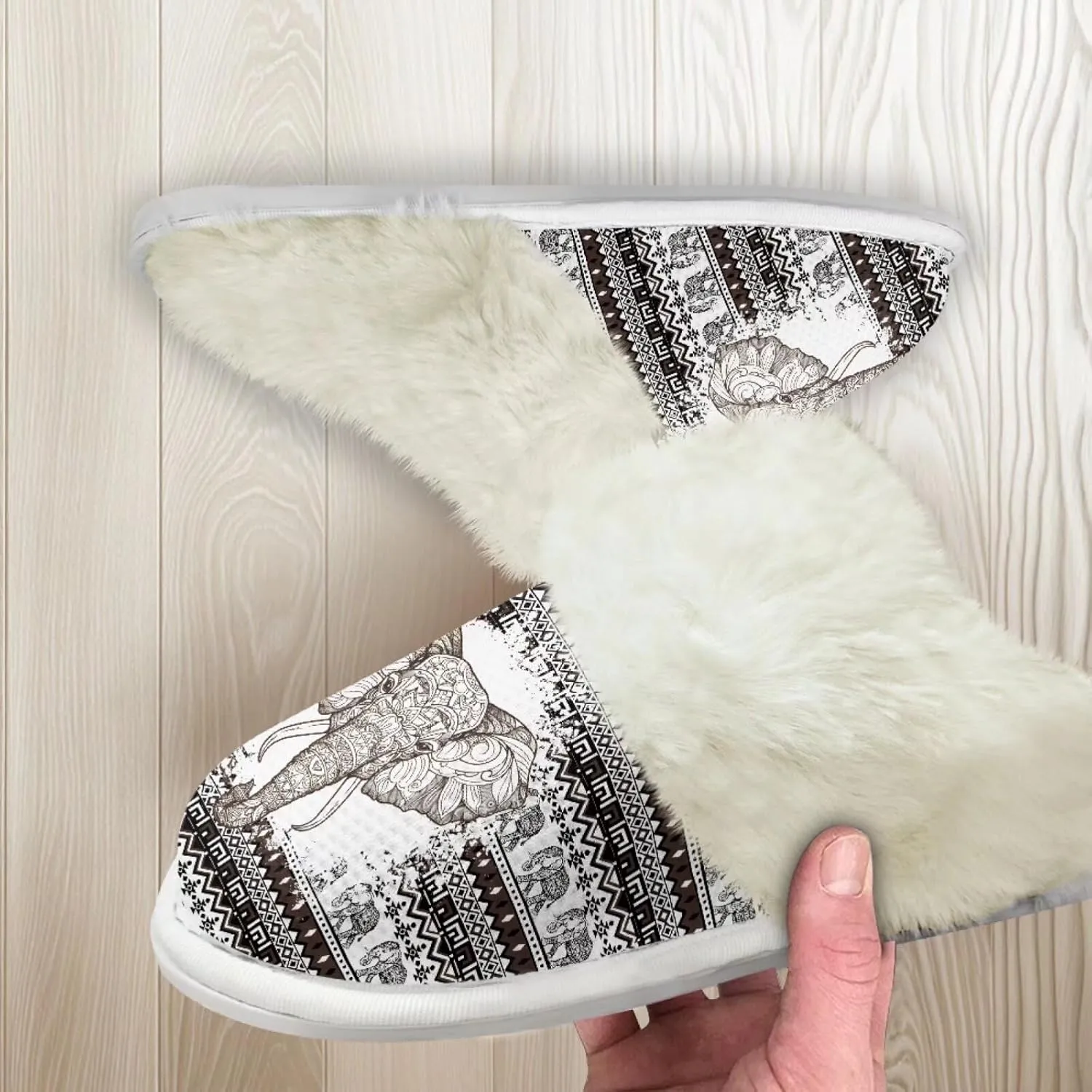 Howilath Western Aztec Fuzzy Slippers Women Warm House Shoes with Anti-Skid Sole Plush Slippers