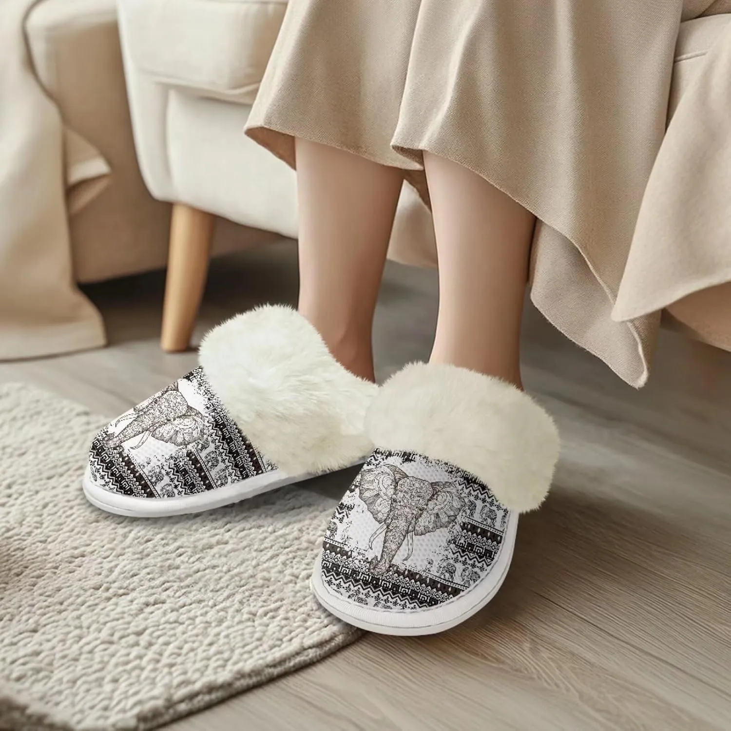 Howilath Western Aztec Fuzzy Slippers Women Warm House Shoes with Anti-Skid Sole Plush Slippers