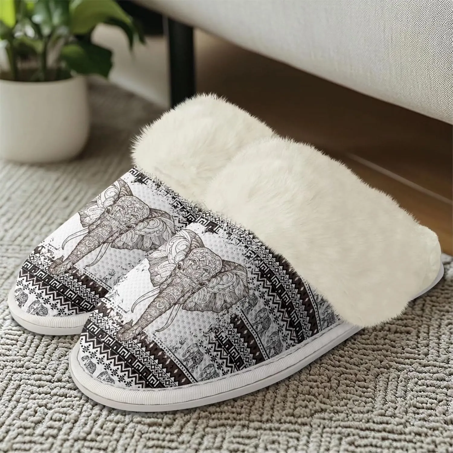 Howilath Western Aztec Fuzzy Slippers Women Warm House Shoes with Anti-Skid Sole Plush Slippers