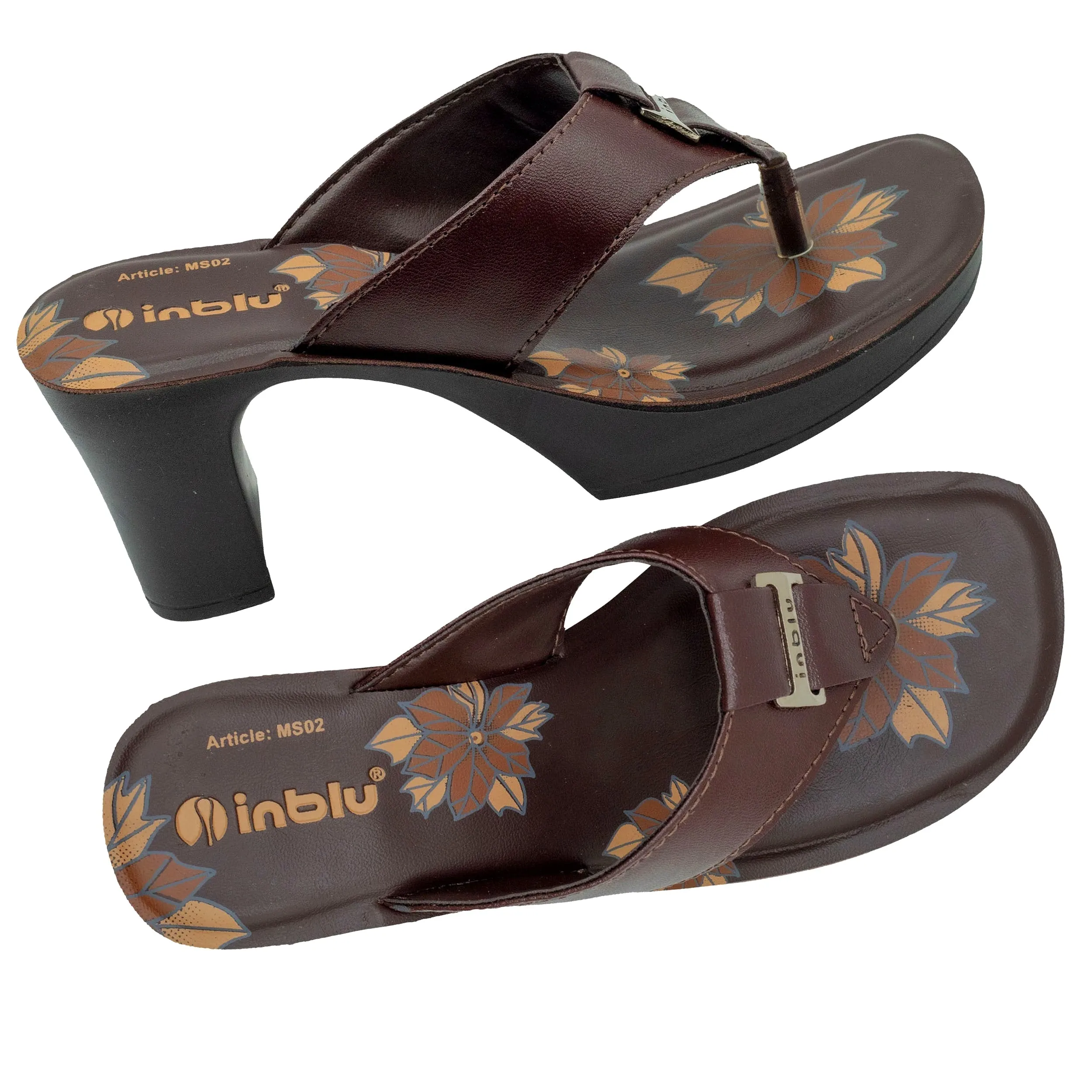 Inblu Women Brown Floral Printed V-Shape Block Heel Sandal with Buckle Styling Upper (MS02_BROWN)