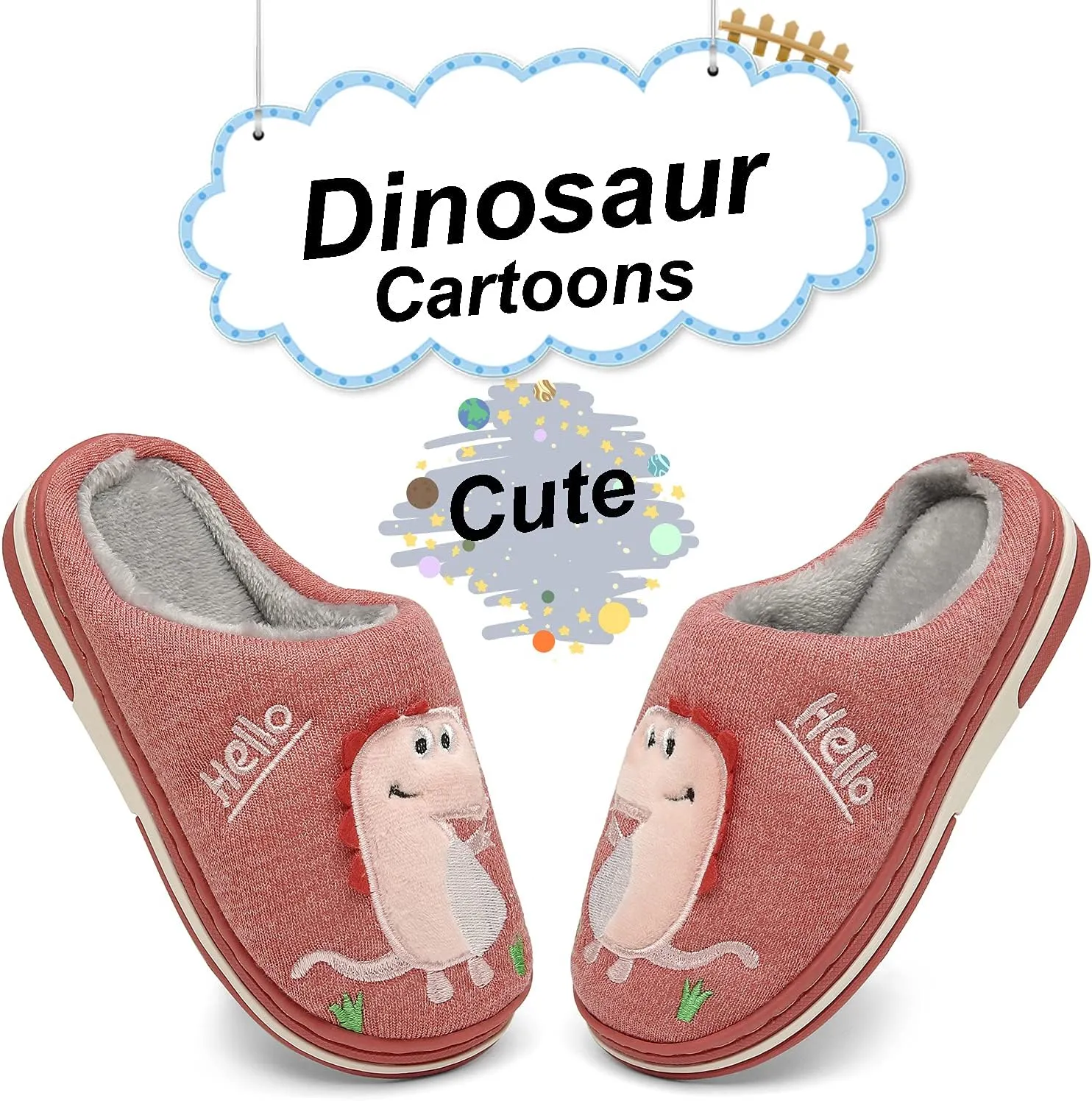INMINPIN Boys Girls Cozy House Slippers Warm Plush Winter Cotton Slipper Kids Cute Dinosaur Indoor Shoes Non-Slip