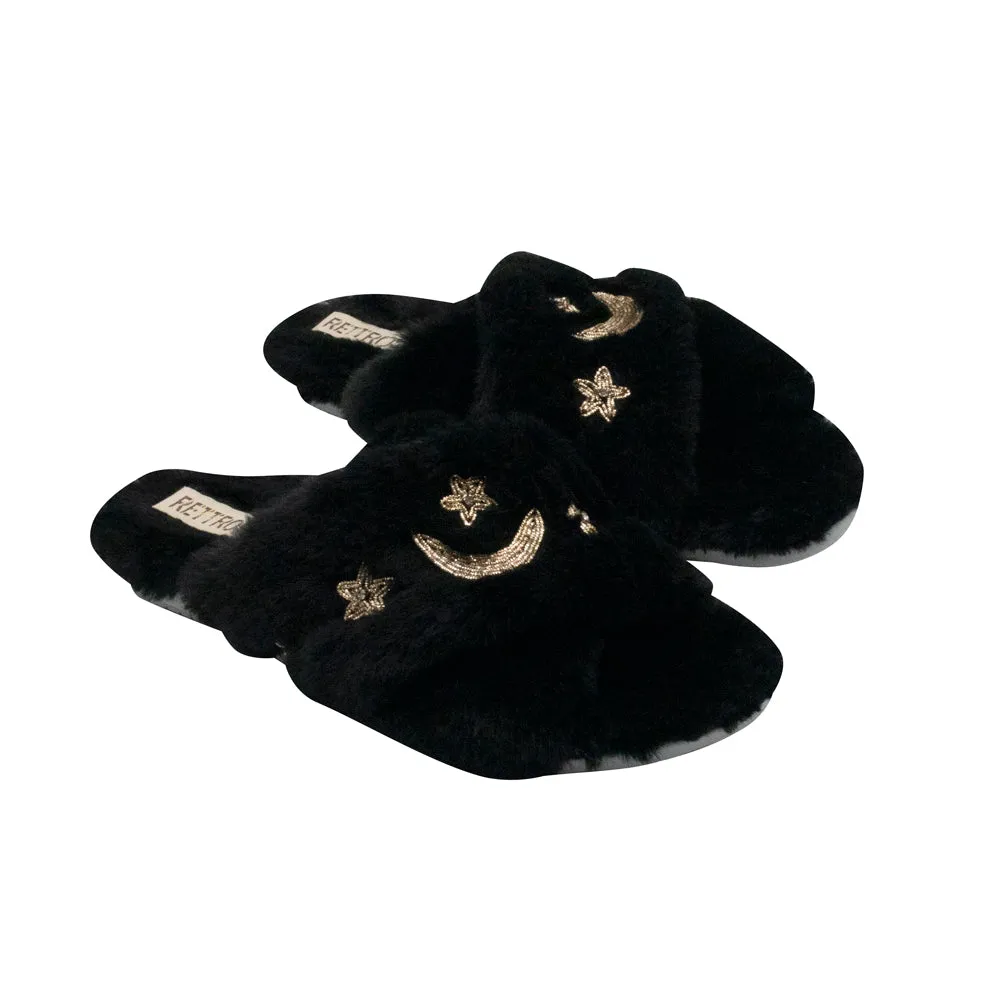 Isabel Black Luxury Plush Diamanté Embellished Handmade Slipper