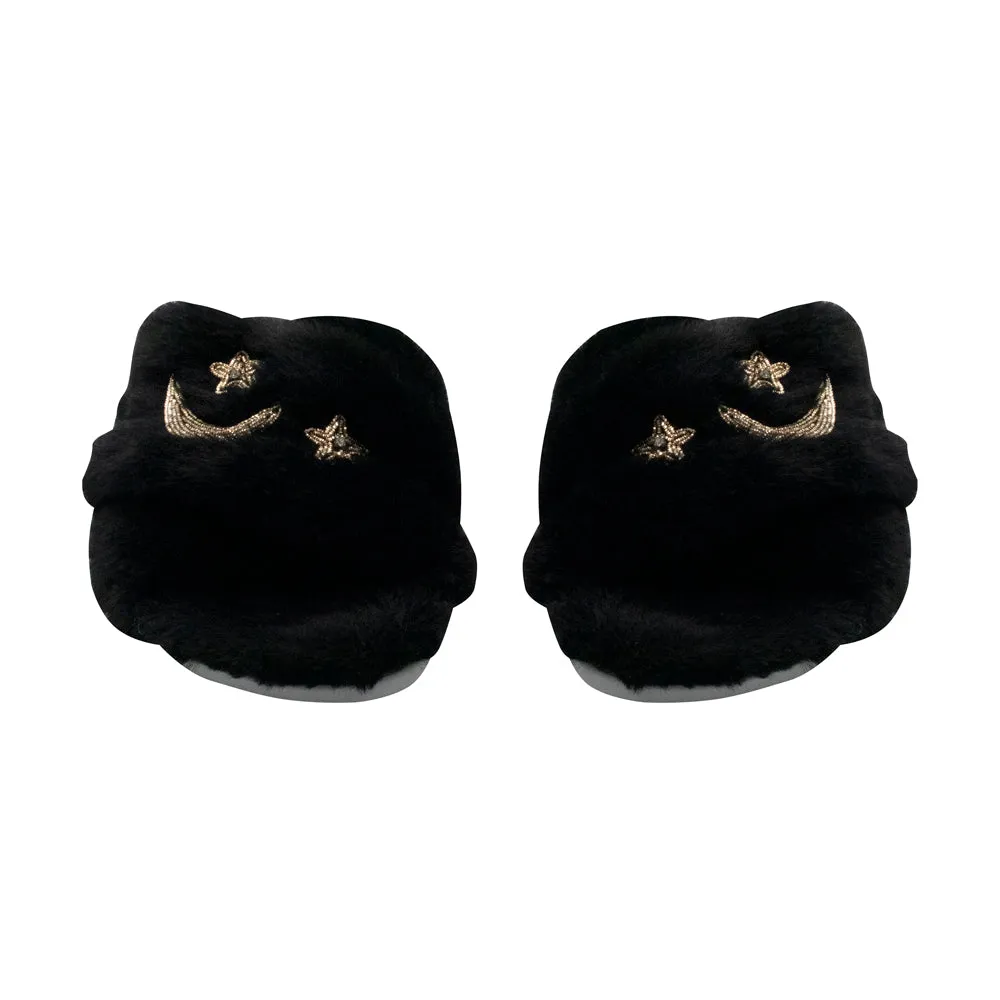 Isabel Black Luxury Plush Diamanté Embellished Handmade Slipper
