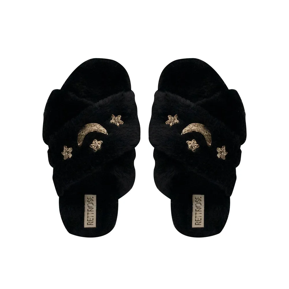 Isabel Black Luxury Plush Diamanté Embellished Handmade Slipper