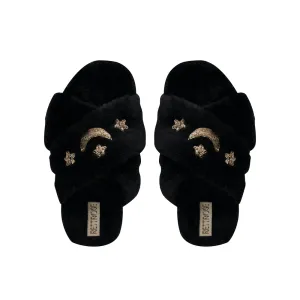 Isabel Black Luxury Plush Diamanté Embellished Handmade Slipper