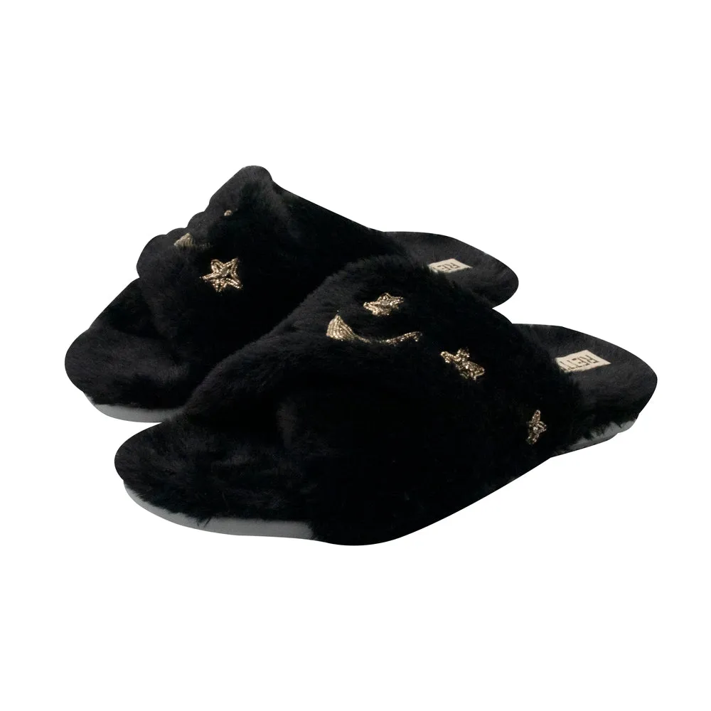 Isabel Black Luxury Plush Diamanté Embellished Handmade Slipper