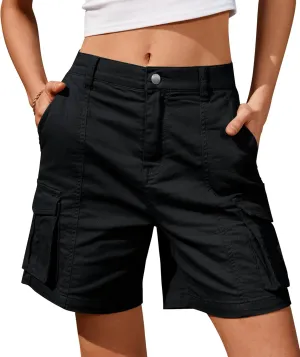 IVIR Bermuda Cargo Shorts for Women Knee Length 6 Pockets Elastic Waist Long Shorts for Summer Casual