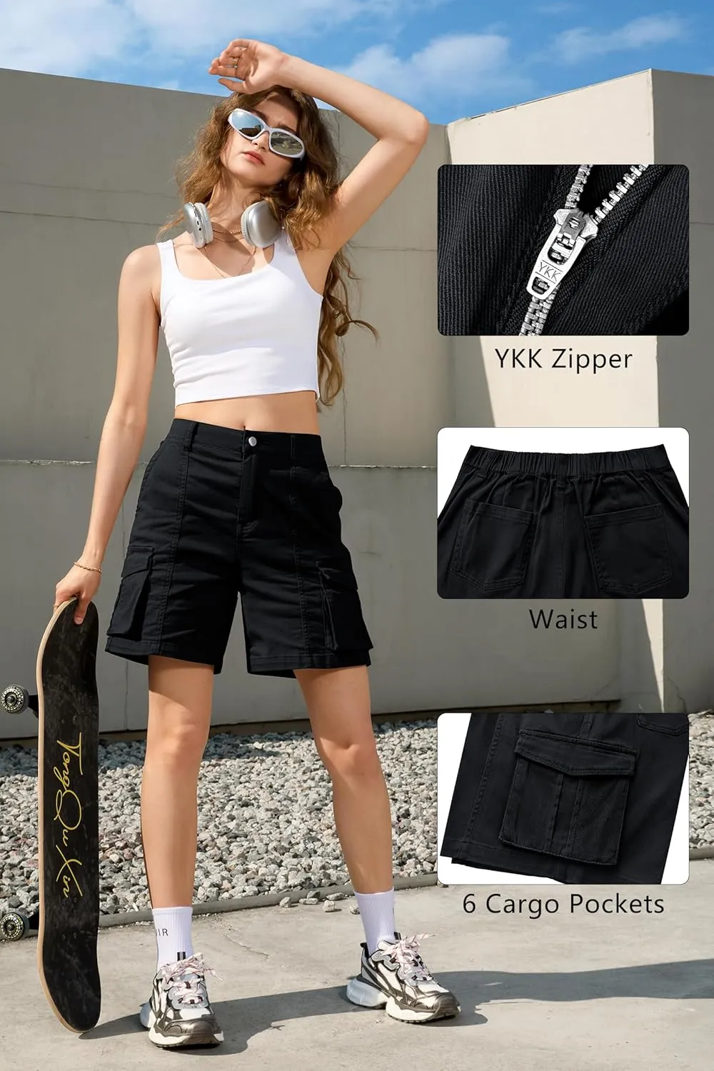 IVIR Bermuda Cargo Shorts for Women Knee Length 6 Pockets Elastic Waist Long Shorts for Summer Casual