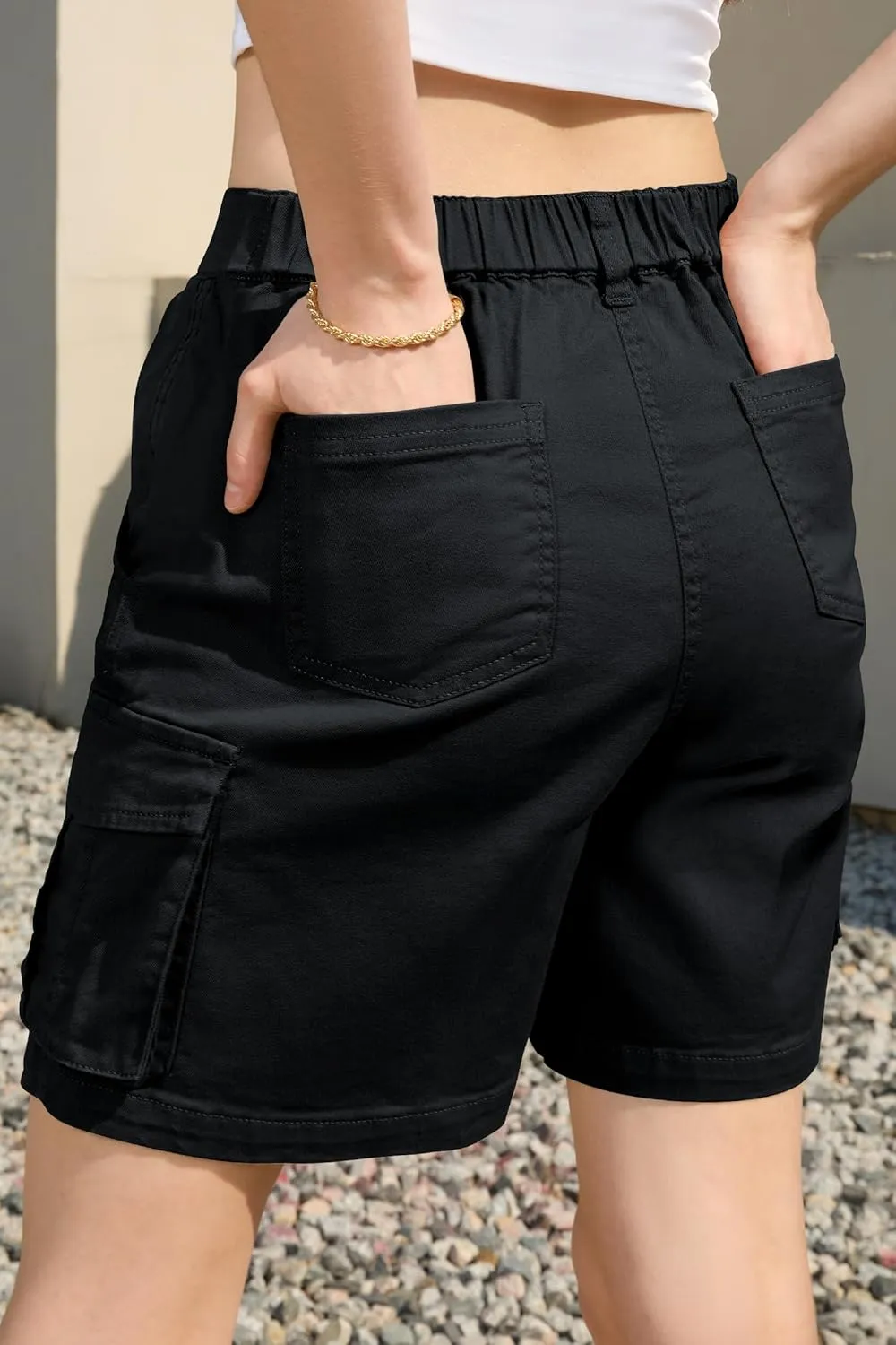 IVIR Bermuda Cargo Shorts for Women Knee Length 6 Pockets Elastic Waist Long Shorts for Summer Casual