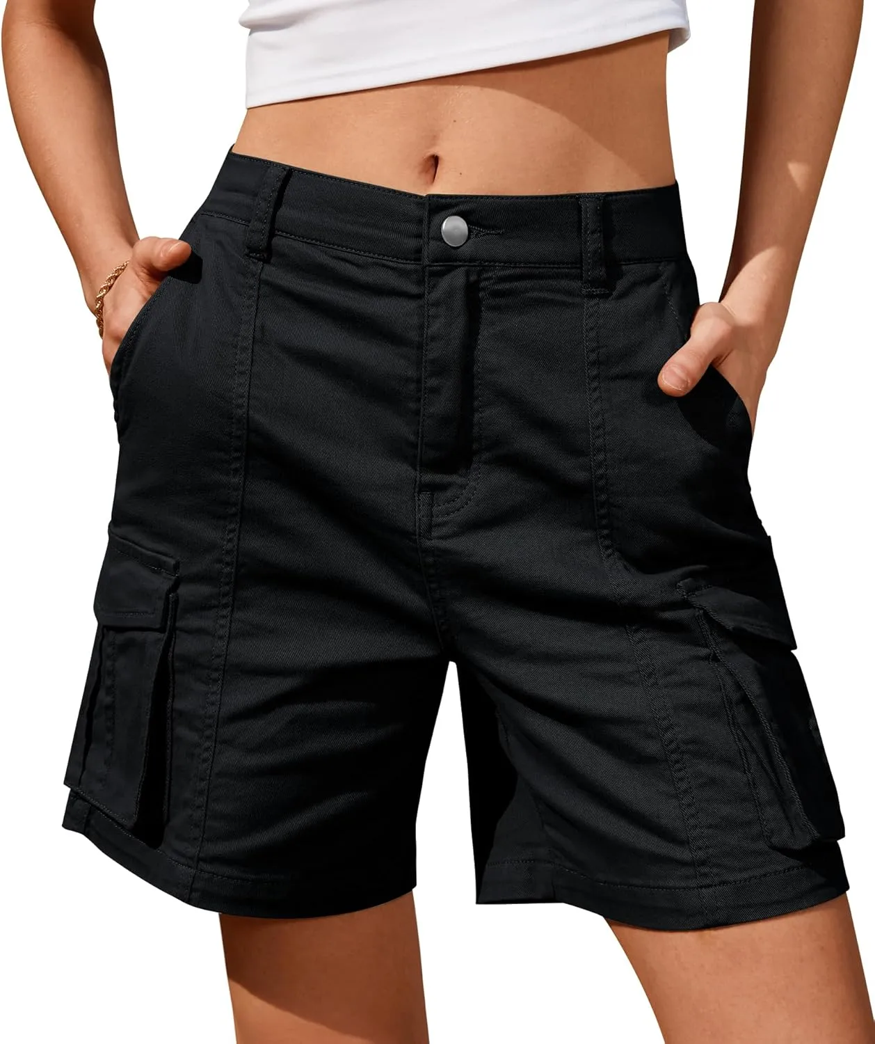 IVIR Bermuda Cargo Shorts for Women Knee Length 6 Pockets Elastic Waist Long Shorts for Summer Casual