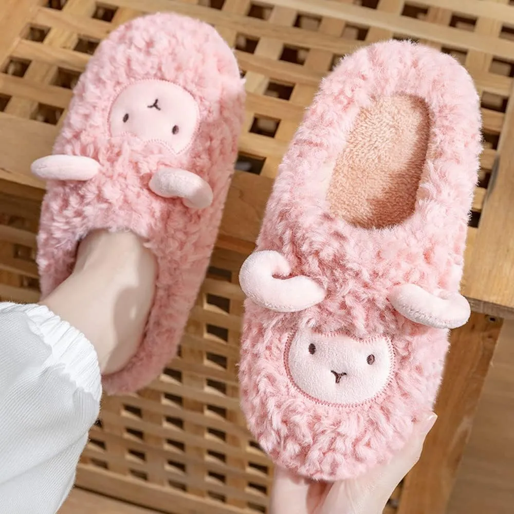 JadeRich Women's Cute Animal Slippers Winter Warm Fuzzy Plush House Slipper Cartoon Sheep Indoor Shoes