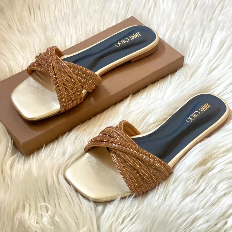 JC Rhinestone Flats Criss Cross Straps Party Wear Shimmering Slippers #10399 #22