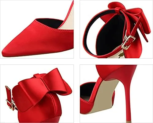 JiangWei Shu Women's High Heel Sandal Satin Bow Knot Pointed Toe Party Shoes