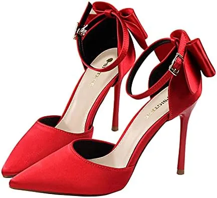 JiangWei Shu Women's High Heel Sandal Satin Bow Knot Pointed Toe Party Shoes