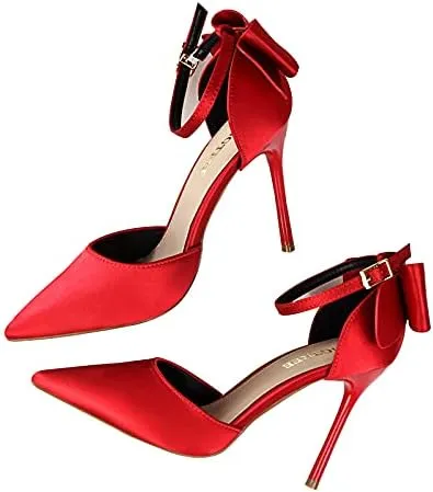 JiangWei Shu Women's High Heel Sandal Satin Bow Knot Pointed Toe Party Shoes