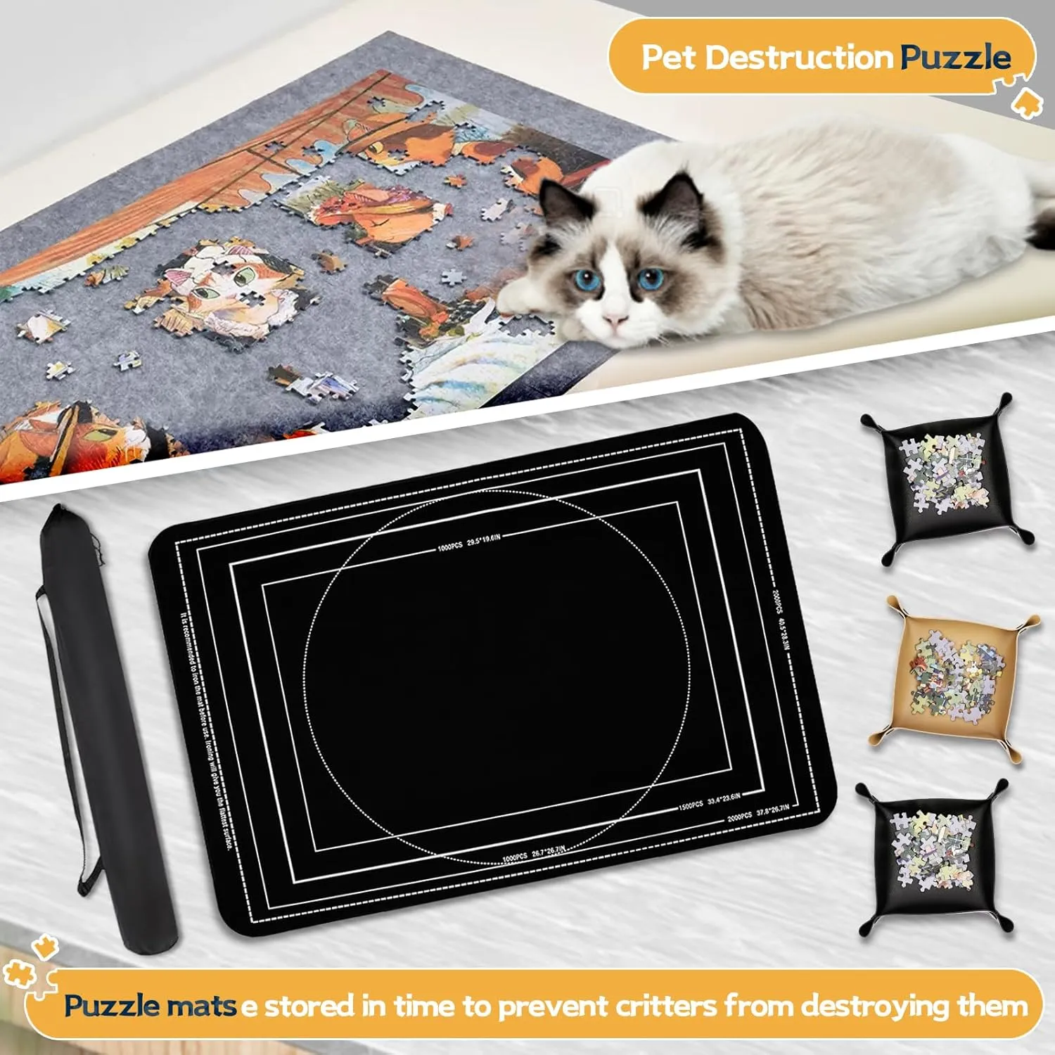 Jigsaw Puzzle Mat Roll Up, Portable Saver Pad 48” x 30.7” Up to 2000 Pieces, Puzzles Matt Rollup with Non-Slip Rubber Bottom & Smooth Top. (6 Puzzle Sorting Trays & 1 Storage Bag)