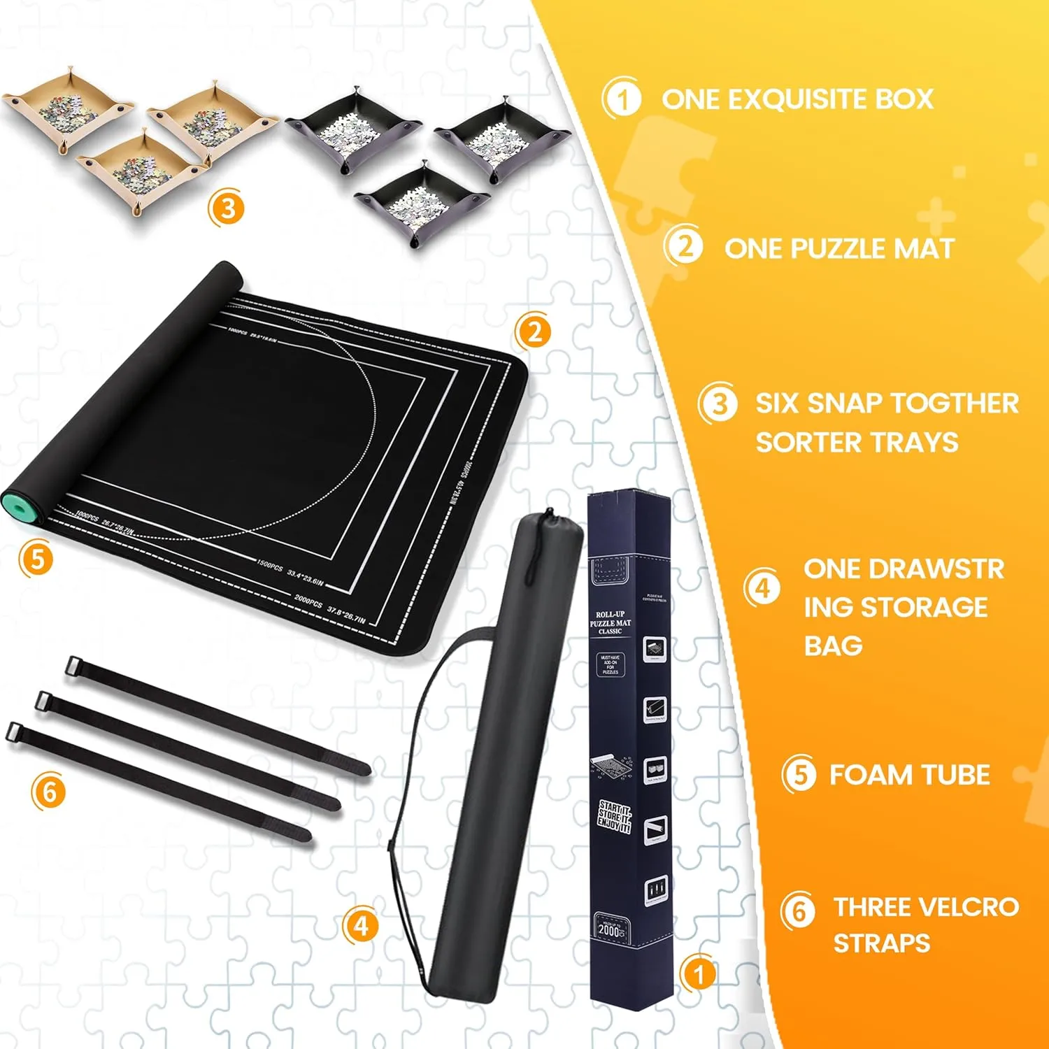 Jigsaw Puzzle Mat Roll Up, Portable Saver Pad 48” x 30.7” Up to 2000 Pieces, Puzzles Matt Rollup with Non-Slip Rubber Bottom & Smooth Top. (6 Puzzle Sorting Trays & 1 Storage Bag)