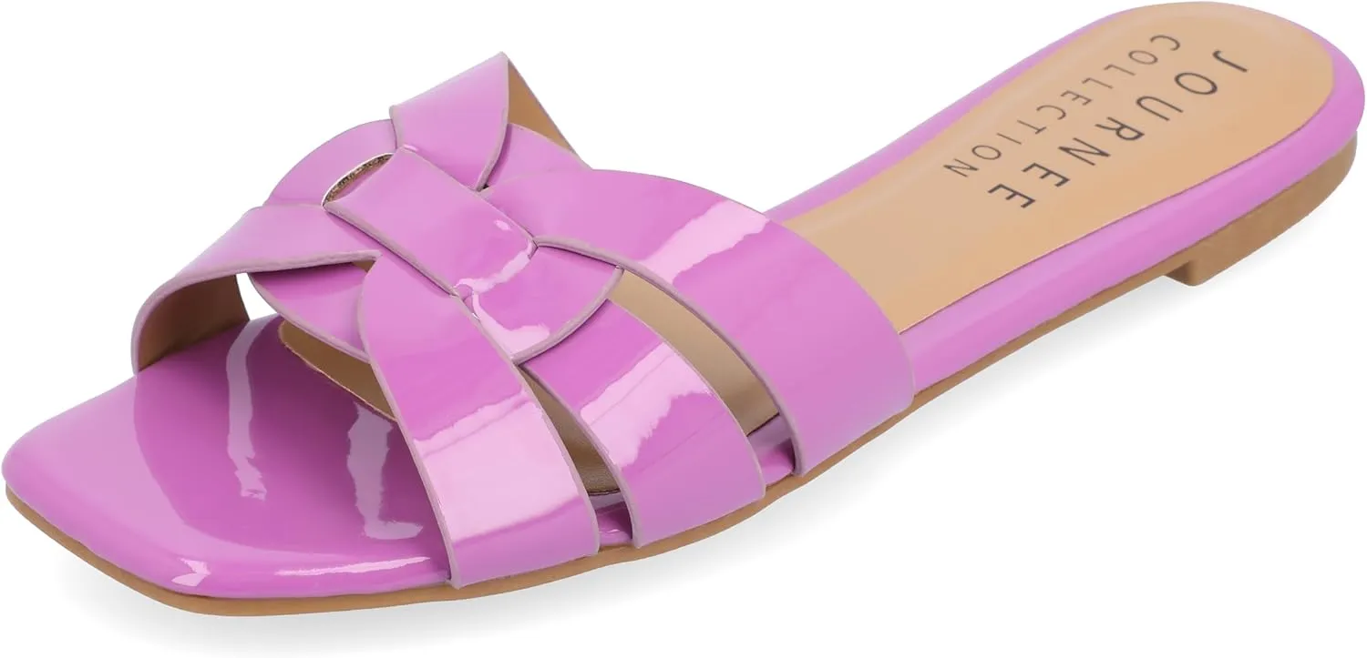Journee Womens Flat Open Square Toe Fashion Banded Sandal Comfortable Dressy Slip On Arrina Slide