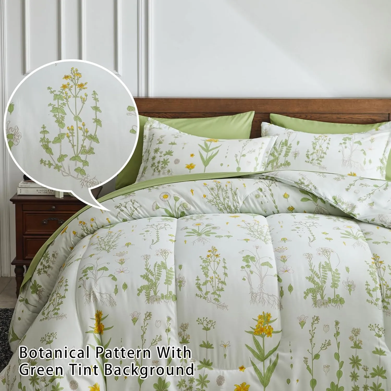 Joyreap 6 Piece Bed in a Bag Twin, Green Leaves Yellow Flower Botanical Design, Smooth Soft Microfiber Comforter Set (1 Comforter, 2 Pillow Shams, 1 Flat Sheet, 1 Fitted Sheet, 1 Pillowcase)