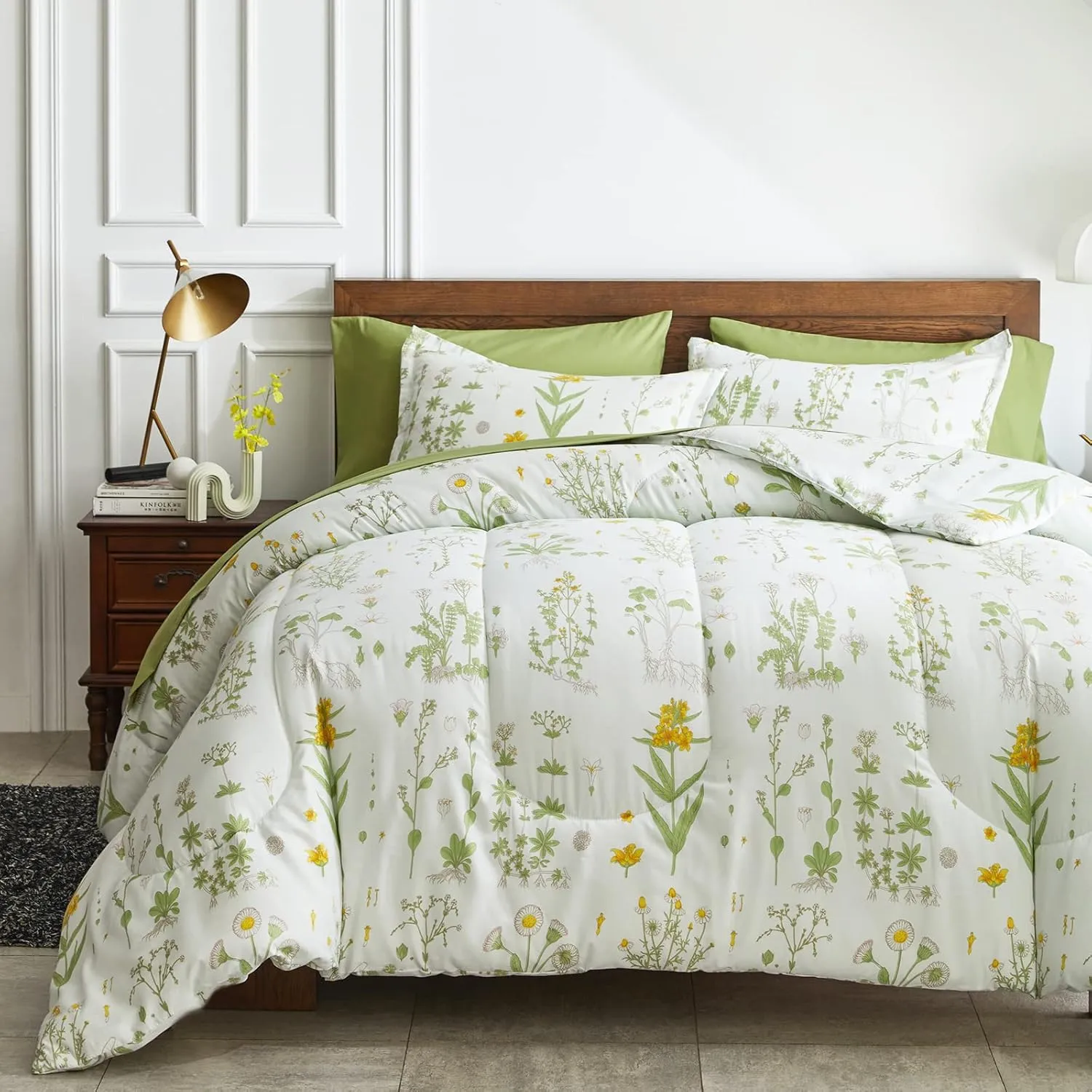 Joyreap 6 Piece Bed in a Bag Twin, Green Leaves Yellow Flower Botanical Design, Smooth Soft Microfiber Comforter Set (1 Comforter, 2 Pillow Shams, 1 Flat Sheet, 1 Fitted Sheet, 1 Pillowcase)