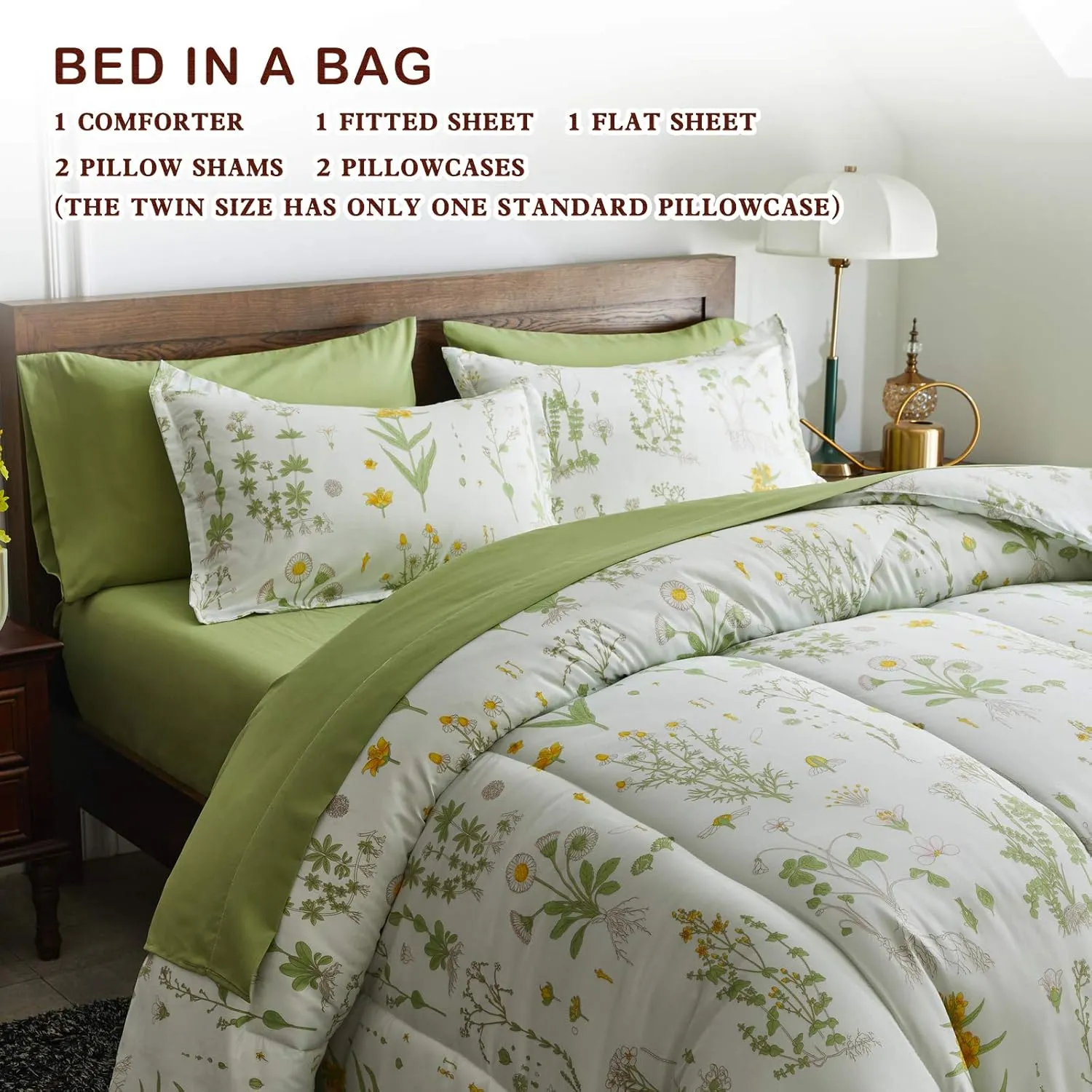 Joyreap 6 Piece Bed in a Bag Twin, Green Leaves Yellow Flower Botanical Design, Smooth Soft Microfiber Comforter Set (1 Comforter, 2 Pillow Shams, 1 Flat Sheet, 1 Fitted Sheet, 1 Pillowcase)